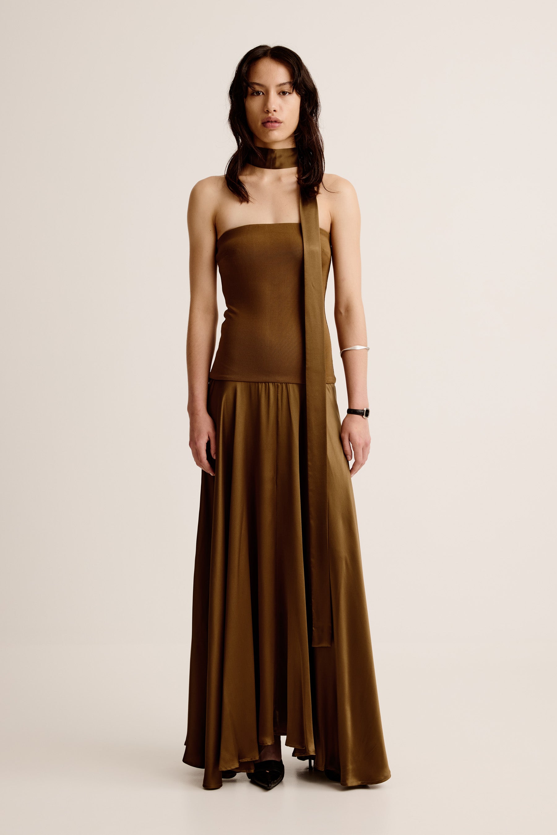 esse studios evening dresses ESSE Studios Stretch-knit And Gathered Organic Cotton-poplin Maxi Dress - Women - Brown Dresses